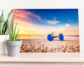 Tricycle in the sand on the beach on a Custom Wall Decor Photo Print